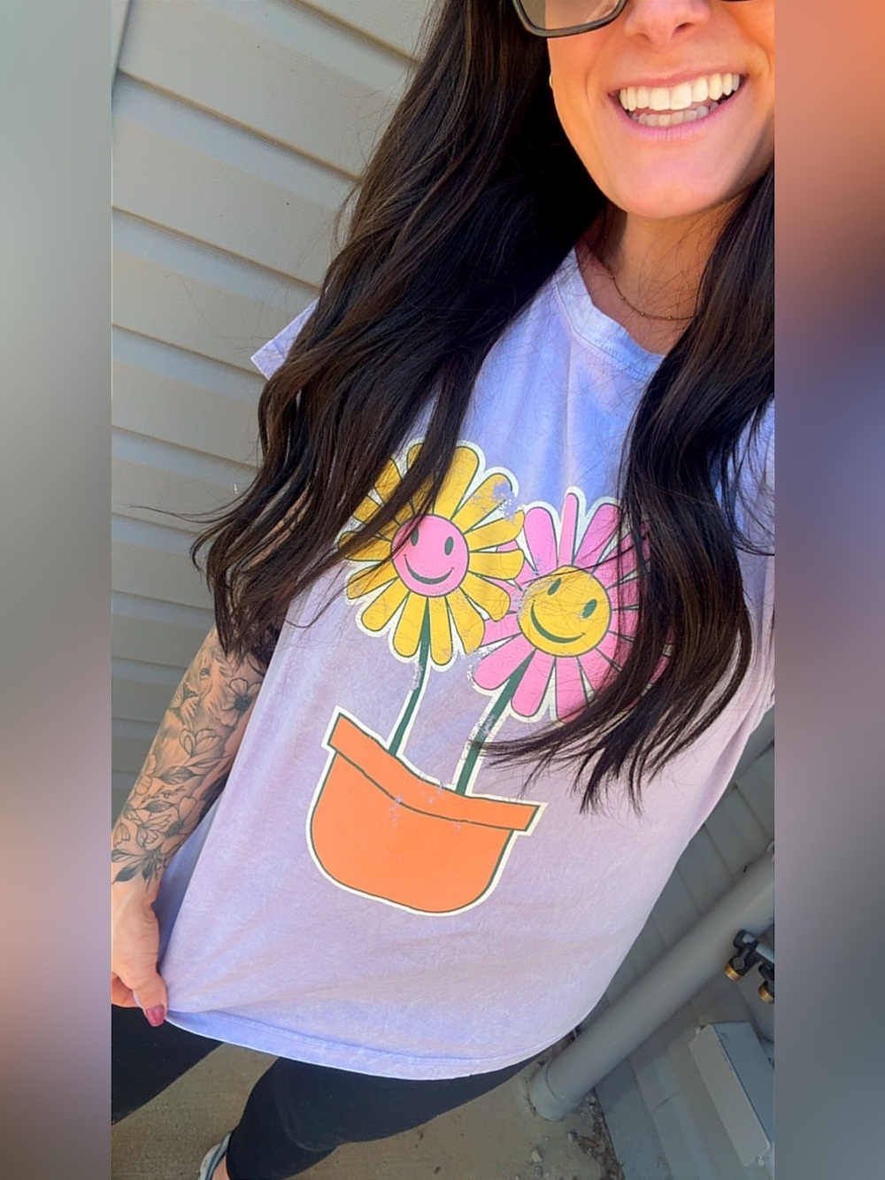 Vintage Canvas Lavender Lilac Smiley Flowers Daisy Graphic Acid Wash Tee - Women